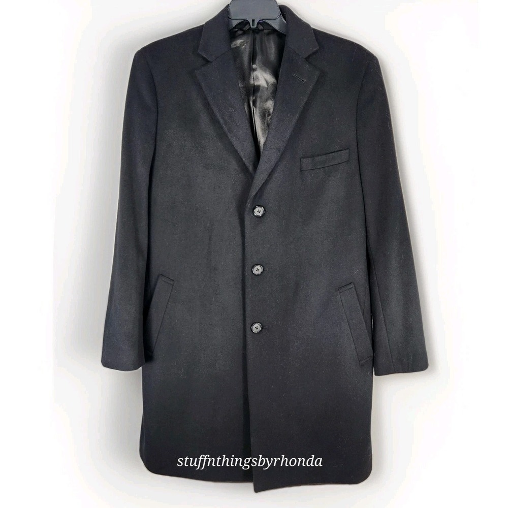 Stafford Men's 44 Reg Black Wool Blend Overcoat Trench Top Coat Lined